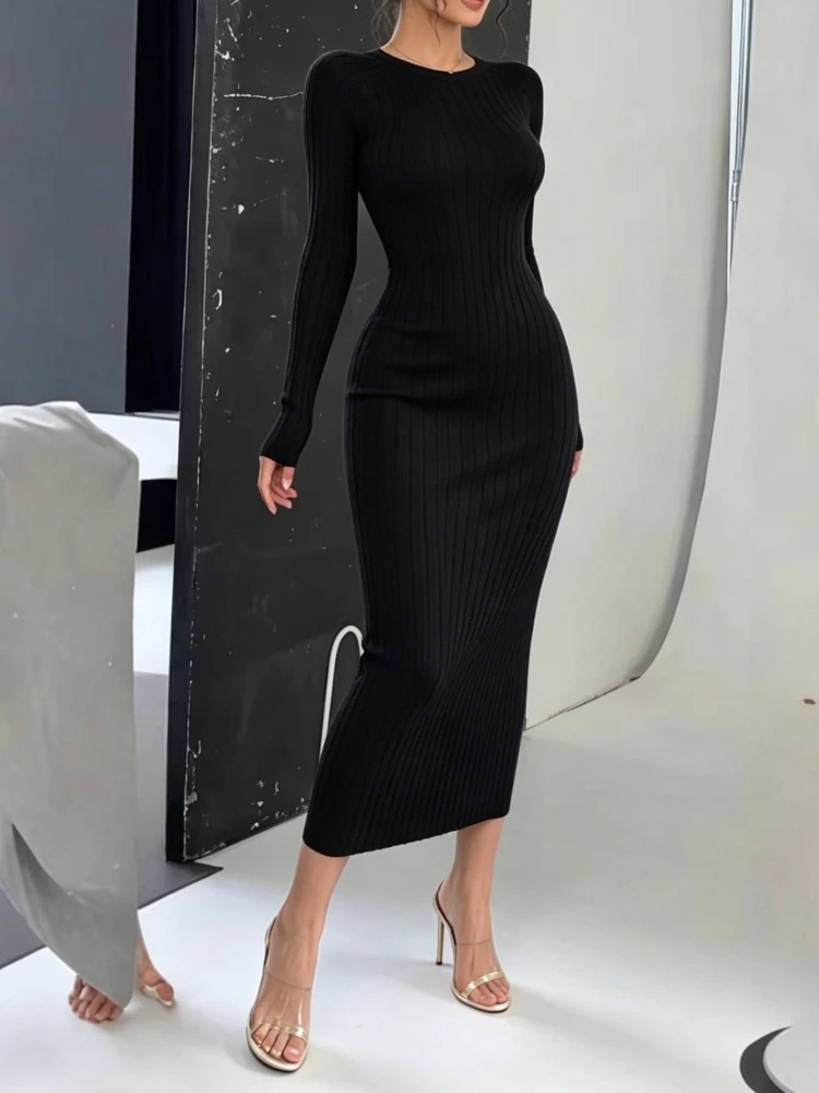 Damen Maxikleid aus geripptem Strick, langärmelig, mit Rundhalsausschnitt, elastisch, figurbetont, Pulloverkleid, einfarbig, elegant, für Partys und Freizeit, Bleistiftkleid, langes Kleid – Detail 3