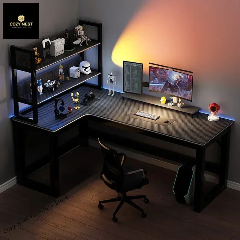 Скандинавский стол для дома, угловые двойные компьютерные столы из углеродного волокна с полкой, роскошные простые бытовые игровые столы
