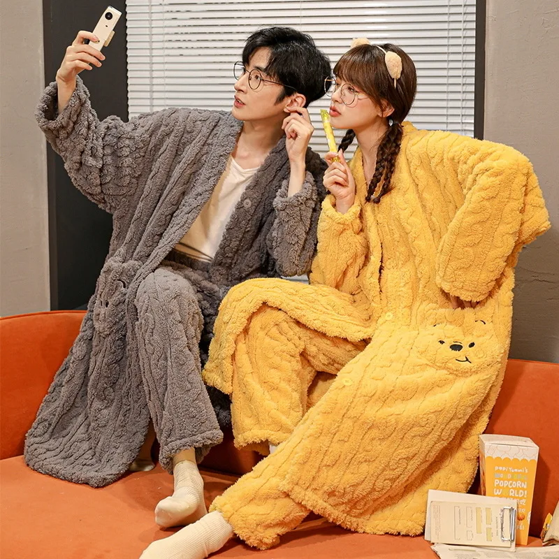 

2023 New Flannel Robe & Pant Pajamas Set for Couples Women and Men Matching Sleepwear Winter Warm Nightwear pijamas feminino