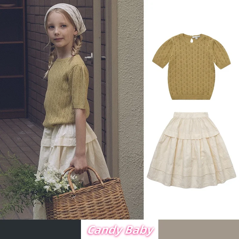 

Pre-sale 2025 Spring/Summer LOU New Girls Dress and Children's All Cotton Yellow Knitted Hoodie and Cream Half Skirt Set