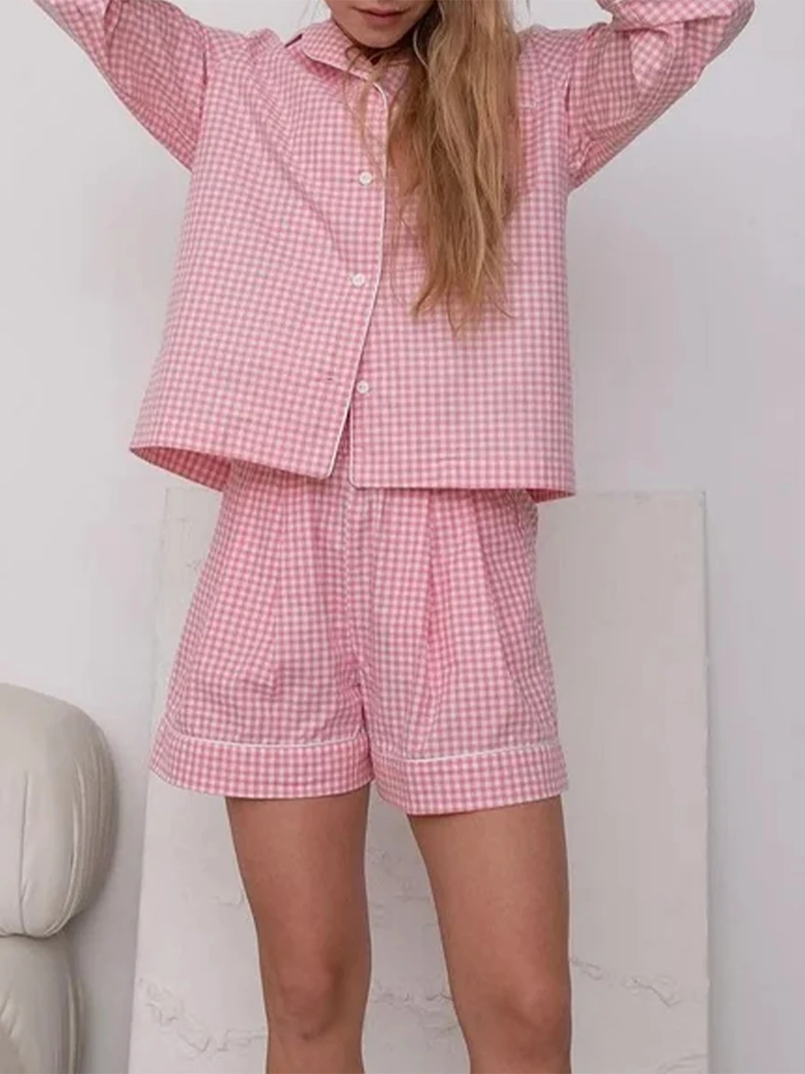 Pink 2 Piece Pajamas Set Women Plaid Print Button up Long Sleeve Shirt and Elastic Shorts for Loungewear Soft Sleepwear