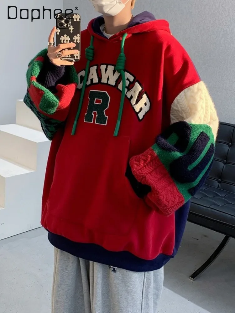 

Spring and Autumn New Red Gray American Style Men's Letter Embroidery Christmas Sweater Patchwork Fake Two-Piece Casual Hoodie
