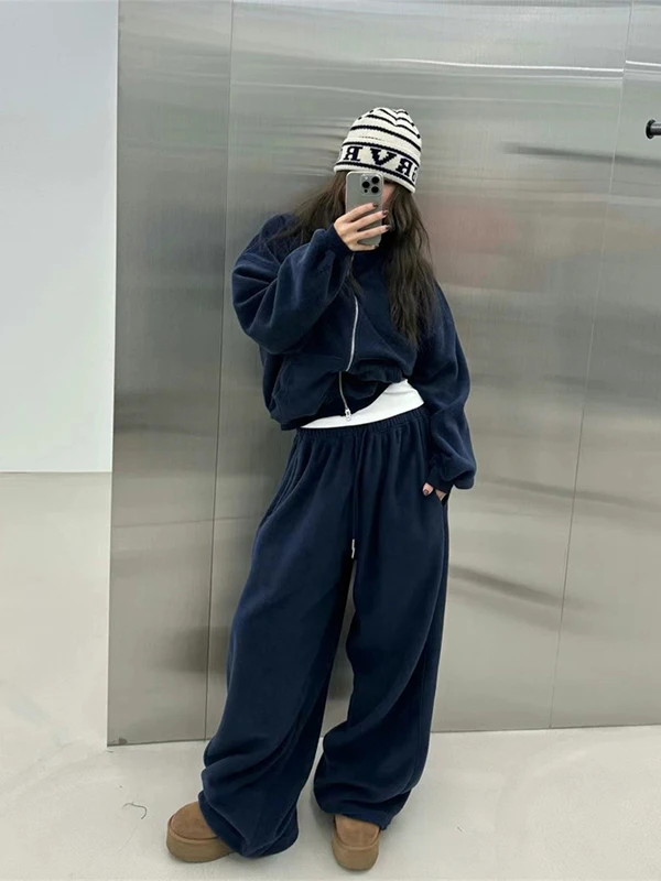 Setelan Bulu Domba Fce Dua Sisi Wanita Korea, Pakaian Musim Dingin Modis, Setelan Dua Potong, Hangat, dan Trendi