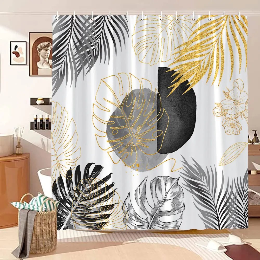 Minimalist Shower Curtain Medieval Colour Block Abstract Lines Gold Leaf Polyester Fabric Bath Curtain Bathroom Decor with Hooks