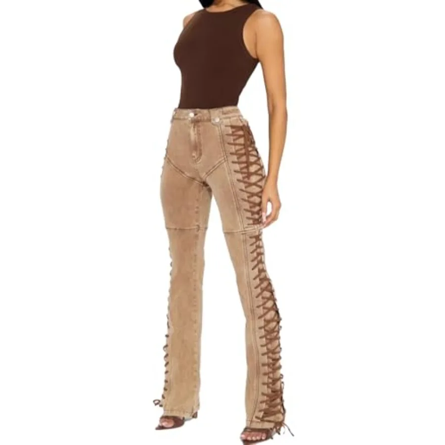 

Women Straight Leg Jeans Casual Y2k High Waisted Lace UP Split Hem Jeans Slim Fit Trendy Denim Pants