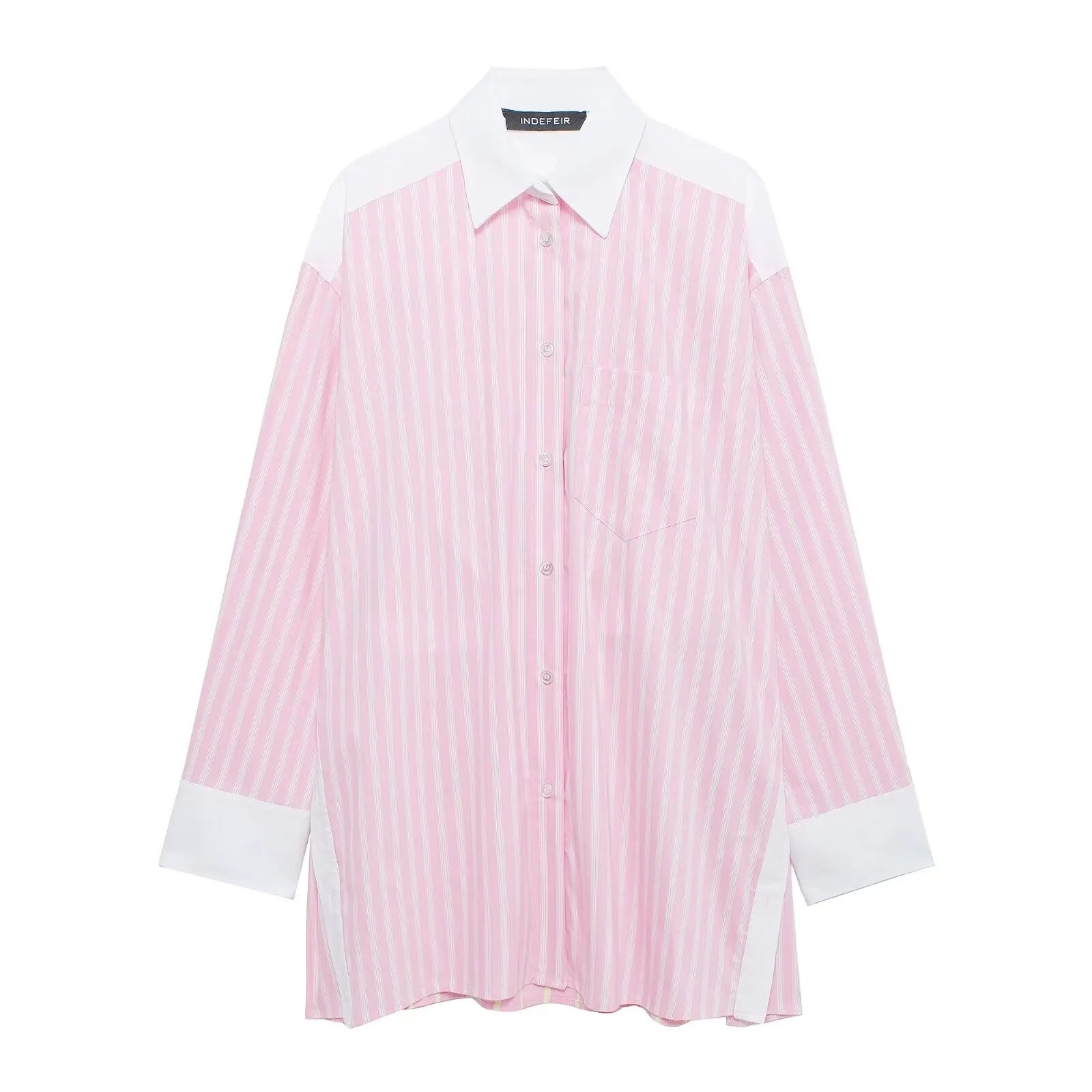 

TRAFZA Women's Fashion Versatile Pink Striped Poplin Turn Down Collar Shirt Top Female Elegant Retro Single Breasted Casual Top