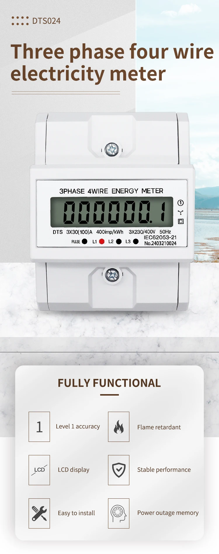 LCD AC DIN-Schienen-Energiezähler 230V 3-Phasen 4-Draht Stromverbrauchsmonitor KWh-Zähler Wattmeter 3×30(100A) 50/60HZ – Detail 1