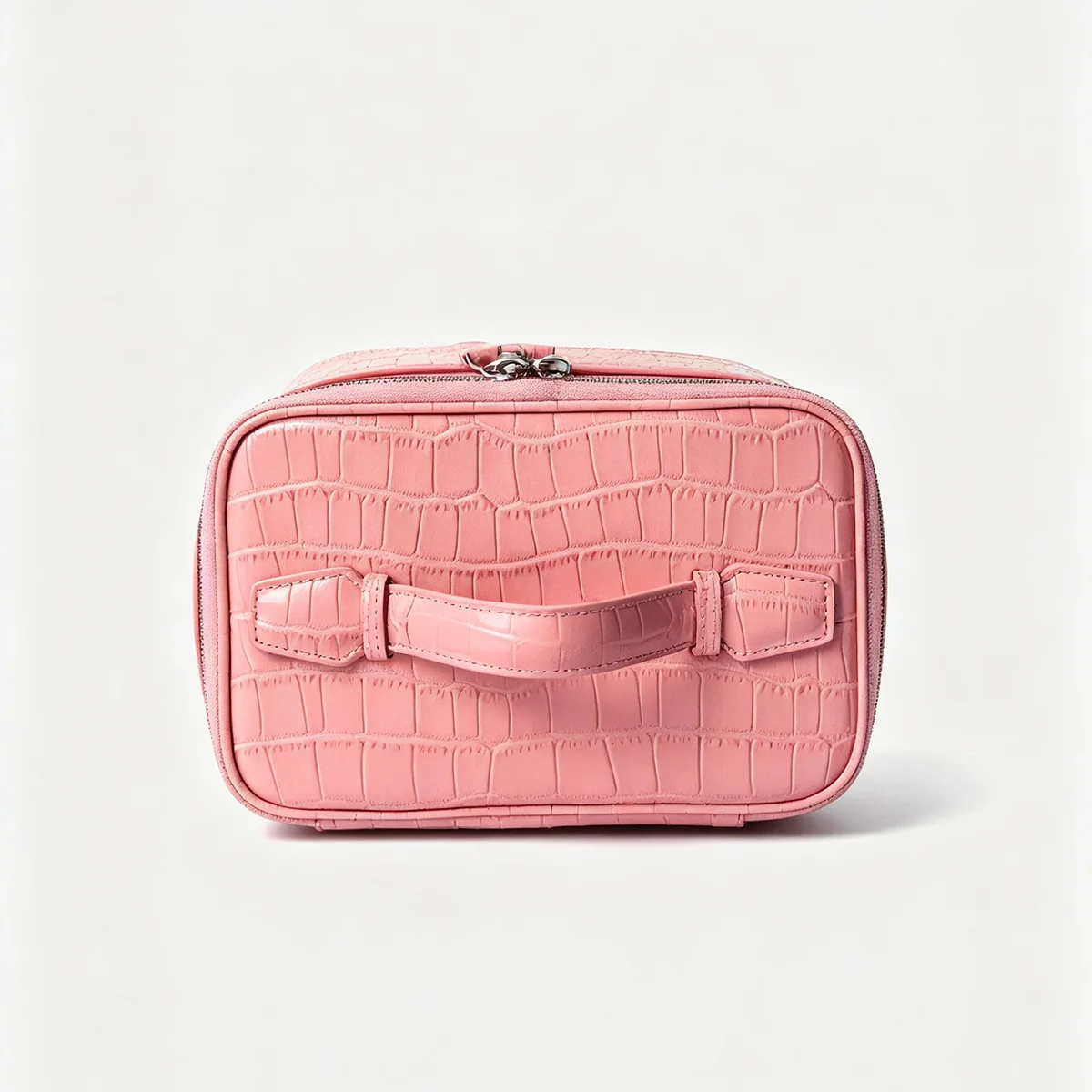 Geprägter Kosmetikbeutel aus Leder mit Krokodil-Optik, großer Stauraum, mehrere Taschen, Handtaschen-Organizer für Toilettenartikel, Reise, rosa Ausführungen. – Detail 12