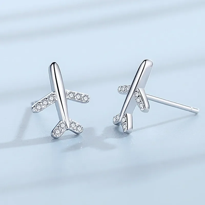 Zircon Airplane Shape Stud Earring for Women Girl Cute Earrings Fashion Elegant Korean Silver Color Jewelry