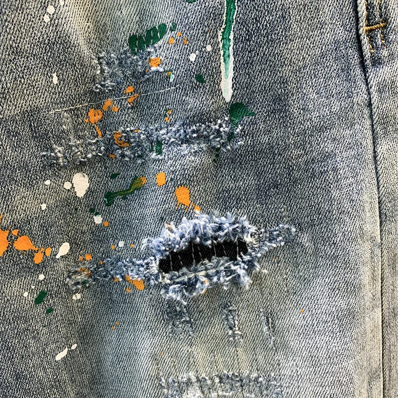 Pantalones vaqueros con pintura en aerosol para hombre, Jeans elásticos ajustados a la moda, estilo Hip-hop, para motocicleta