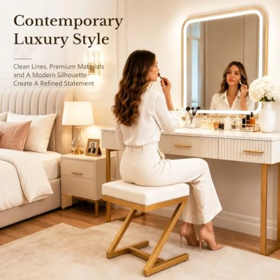 Makeup Vanity Stool Chair Small Backless Leather Ottoman Bench in Gold Cushioned Seat Metal Z-Frame for Vanity Desk, Bathroom, view 3