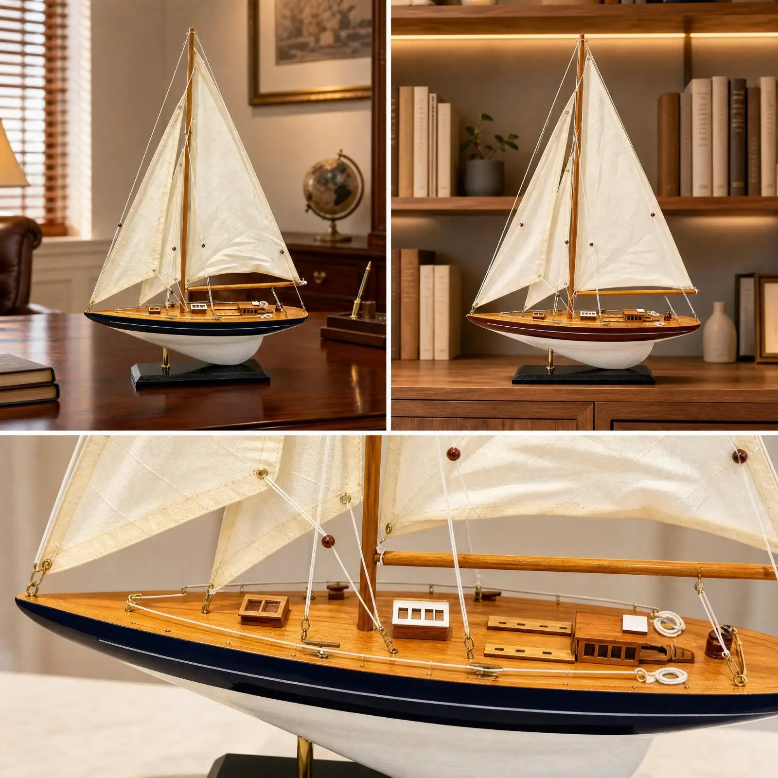 Handmade Wood Sailboat Model Vintage Ship Craft Decor for Entryway Console Display