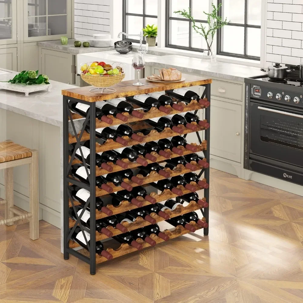 Autoportante Wine Rack com mesa, Prateleira De Armazenamento De Vinho De Madeira, Empilhável Wine Bottle Rack para Sala De Estar, 56 Garrafas