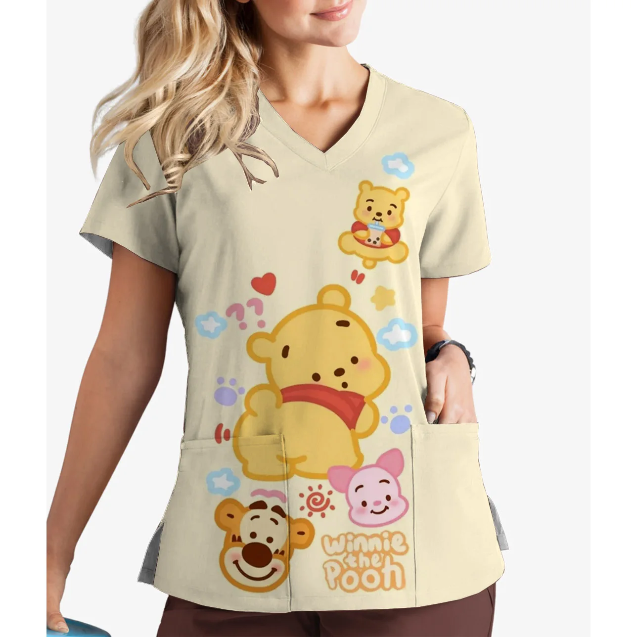 New women's short-sleeved frosted nurse uniform Disney Bear print V-neck casual and practical dentist work uniforms