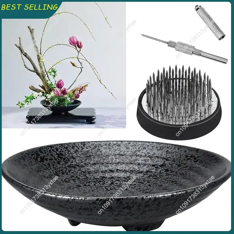 

N09R-Ikebana Kit Контейнер для цветов лягушки с инструментом для выпрямления иглы Черная цветочная лягушка 1,8 дюйма, ваза с чашей 6,7 дюйма