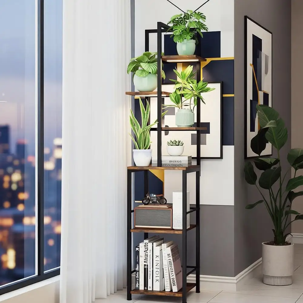 

6-уровневая металлическая подставка для растений в помещении с книжной полкой, регулируемый светильник для выращивания растений, идеально подходит для гостиной, чтения, сада и патио (B)