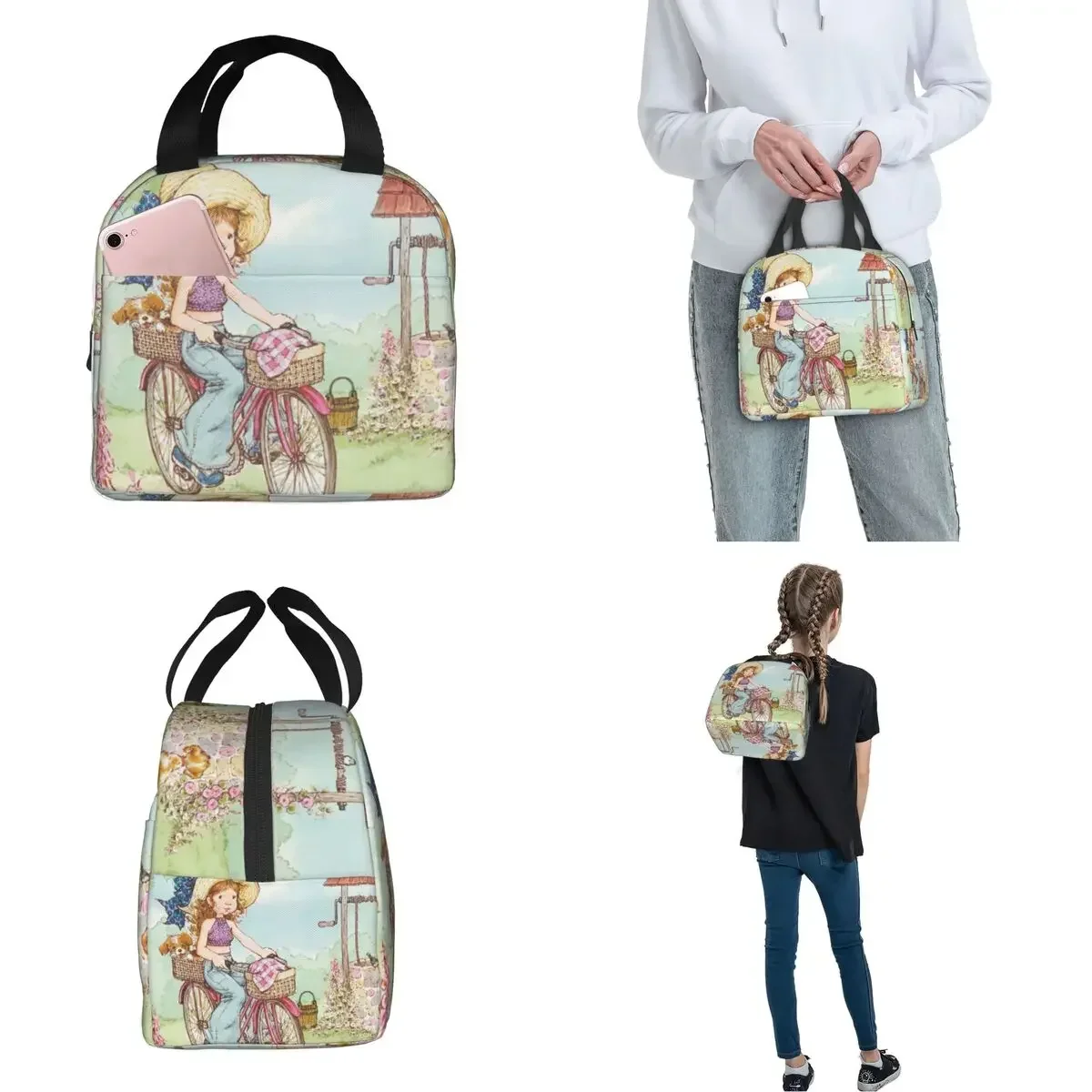 Kawaii Sarah Kay Bike Ride Insulated Lunch Bag Large Cartoon Reusable Thermal Bag Lunch Box Tote Office Outdoor Food Handbags