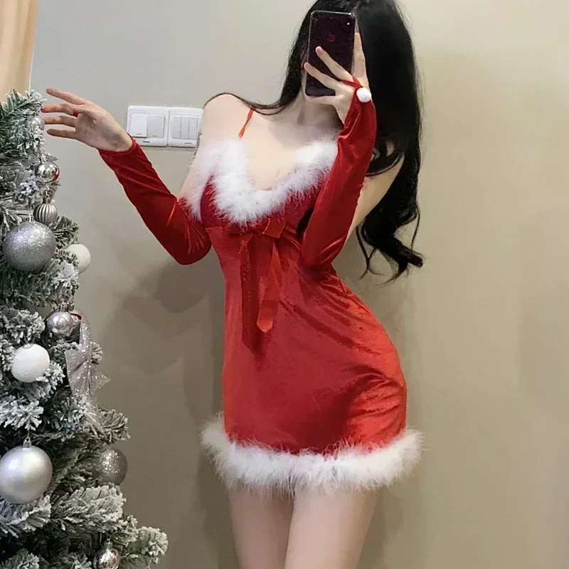 

Adult Goods Costume Christmas Dress Red Bow Ladies Sexy Pajamas Containing Gloves Role Play New Year's Uniform Corset
