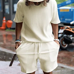 2023 Summer Men's Striped Suit Loose Crew Neck Short-sleeved T-shirt And Shorts Solid Color Sports Casual Two-piece Set