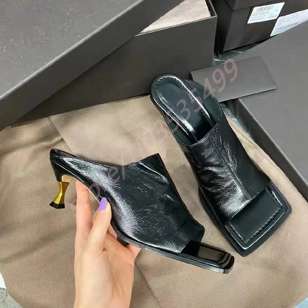 

Genuine Leather Open Roman Metal Heel Slippers 2025 Summer New Outdoor Beach Vacation Seaside Slip-On Slides Fashion Sexy Sandal