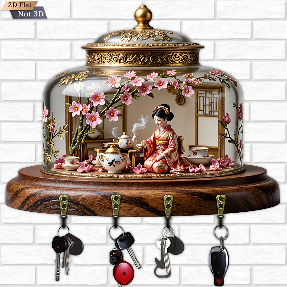 2D Flat, 1pc, Japanese-style Cherry Blossom Character Decorative Key Hook, Wooden Multi-functional Home Key Hanger, Includes