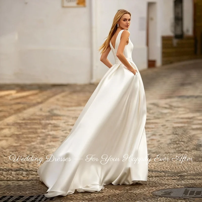 Classic A Line Satin Bridal Gown Deep V Neck Sleeveless Simple Wedding Dress Vestidos De Novia Customized