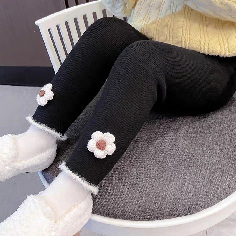 طفل الفتيات السراويل الاطفال الخريف الشتاء لطيف محبوك زهرة البساطة السراويل الضيقة 1-6 سنة الشتاء الأطفال طماق السراويل #3