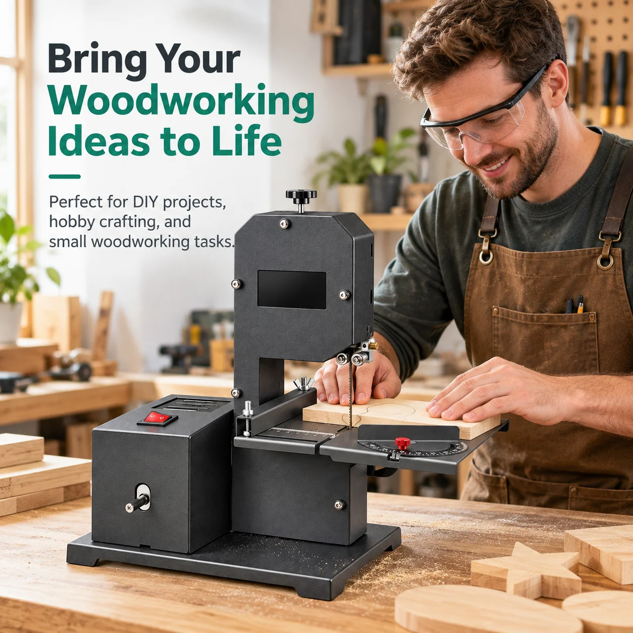 AOLIVIYA 800W 220V Mini Benchtop Band Saw Tabletop Woodworking Cutting Machine 45 Degree Tilting Table For DIY Wood Crafts