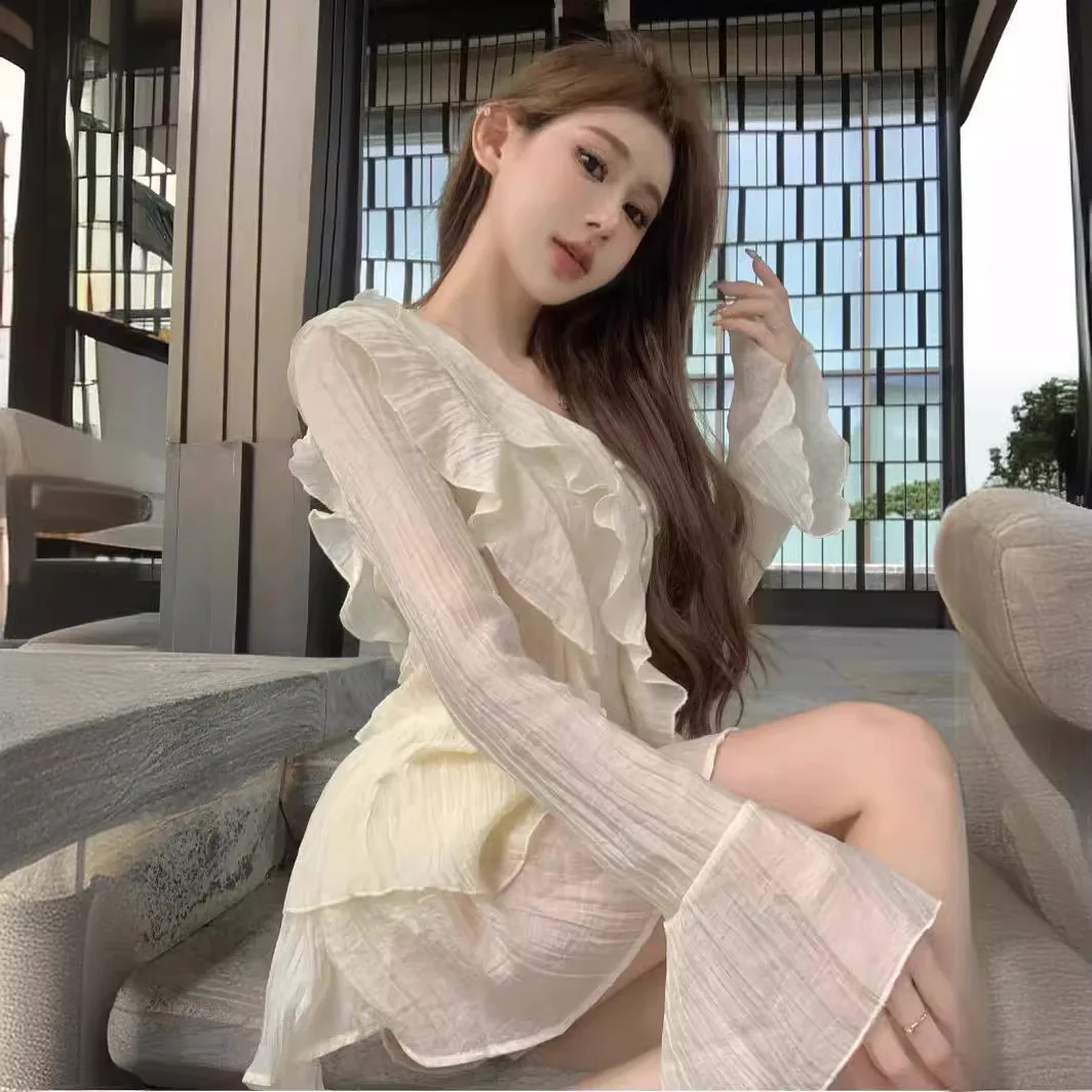 Spring Summer New Women's Pure Desire Style Long Sleeve V-Neck Flared Sleeve Sunscreen Chiffon Shirt Fashionable Lightweight