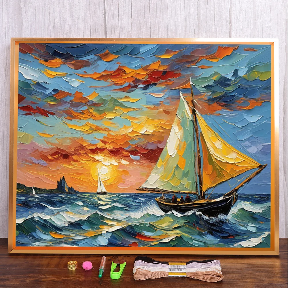 

Landscape Ocean Boat Printed Cross-Stitch Full Kit DIY Embroidery Craft Needlework Painting Hobby Package Wholesale Room Decor