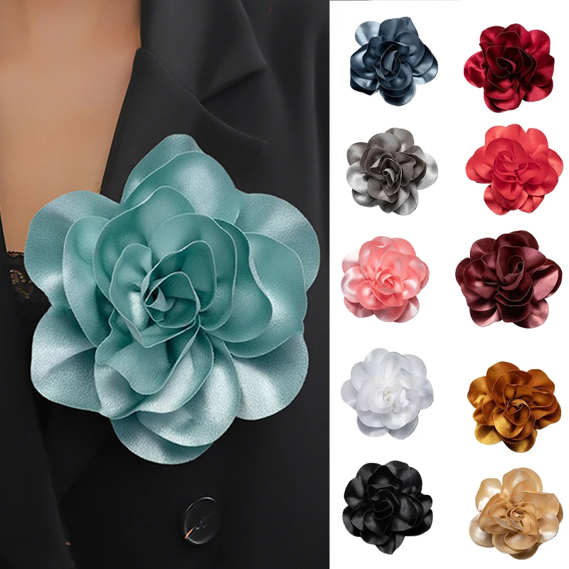 Fashion Large Flower Brooch Colorful Satin Fabric French Flower Brooch Handmade Suit Sweater Coat Decor Pins Brooches