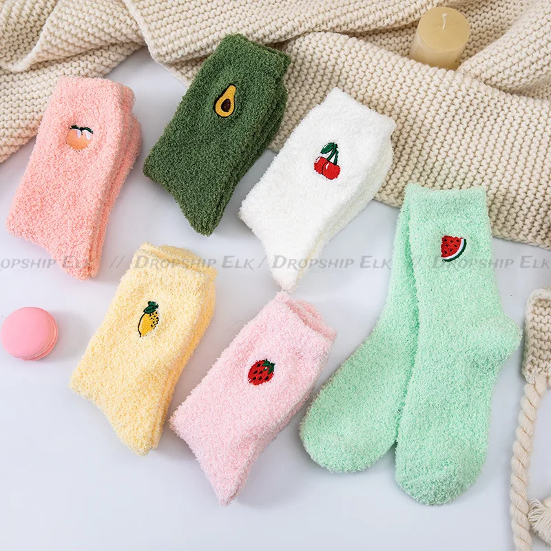 Women's Fruit Socks Fluffy Warm plush Socks Female Warm Avocado Watermelon Cherry Strawberry Floor Sleeping Socks