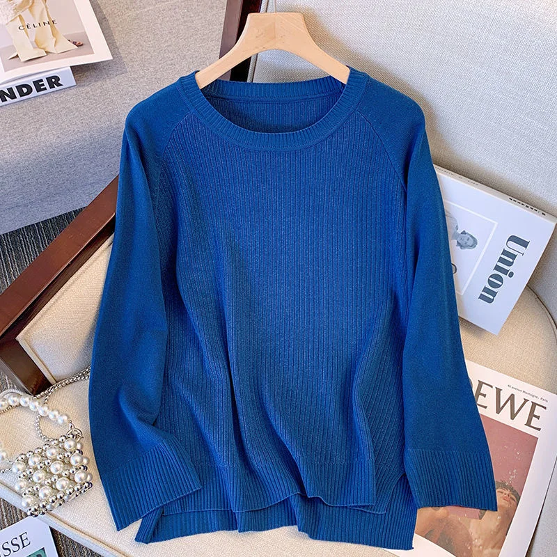 2022 Herfst Nieuwe Grote Truien Truien Vrouwen L-4XL Oversize Split Knit Top Mode Effen Kleur Vrouwelijke Dieptepunt Breien Tops