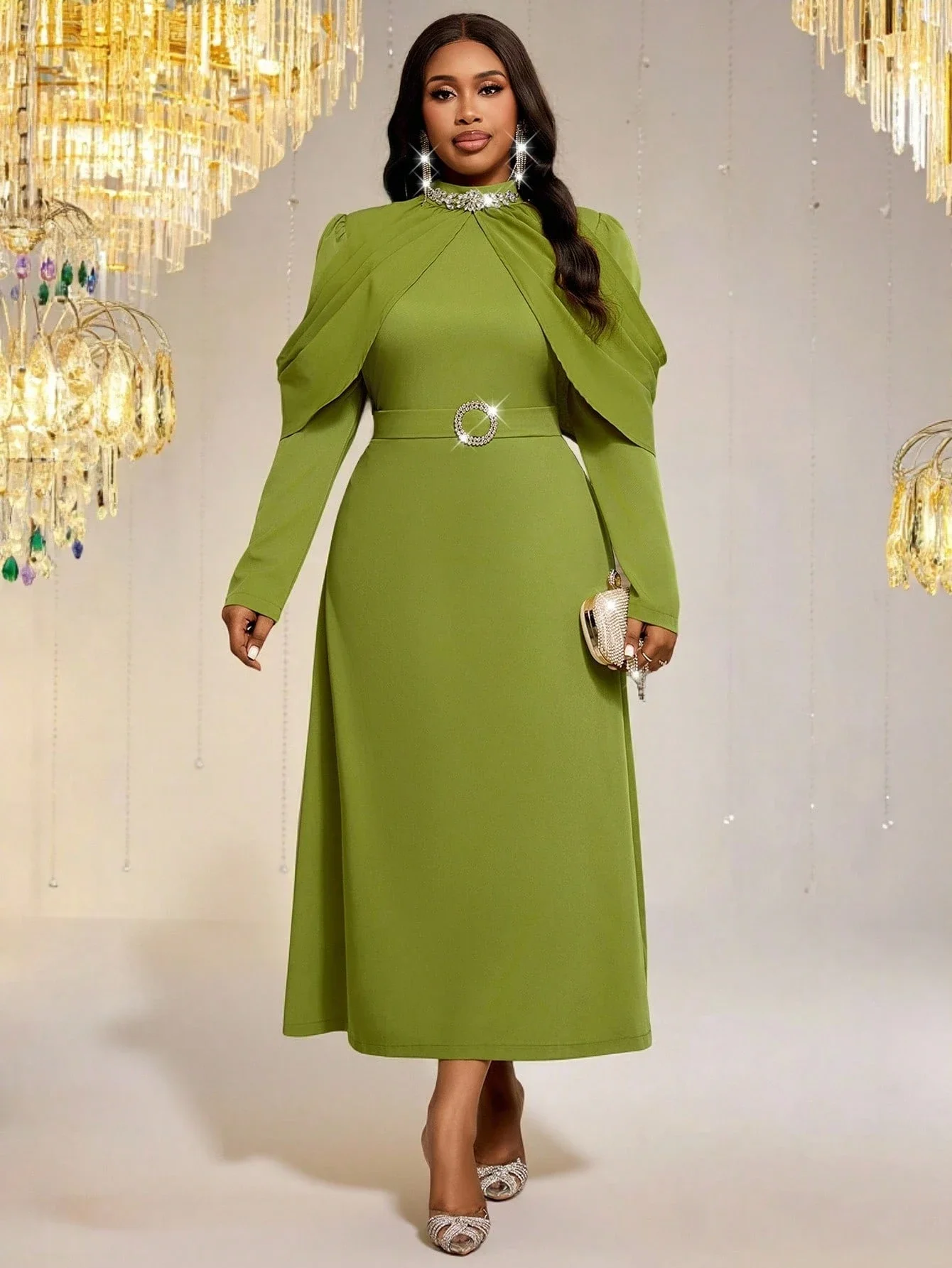 

Элегантное зеленое платье для вечеринки с длинными рукавами и поясом с камнями