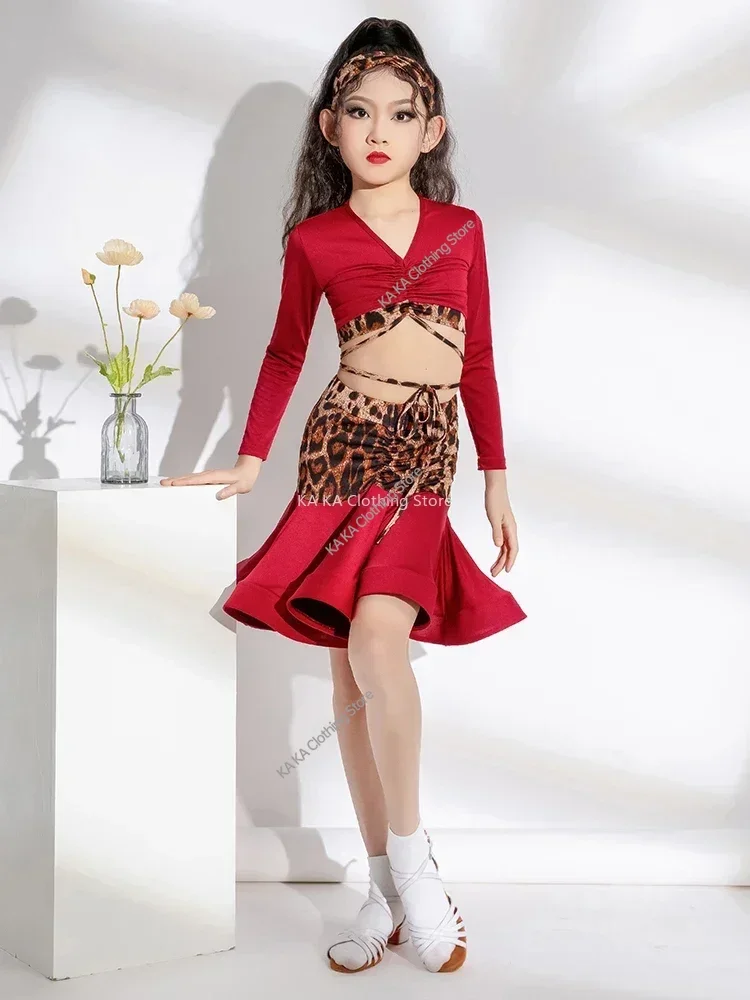 Leopard Tango Latin Dance Costume Girls Dance Dress Cha Cha Rumba Dance Skirt Girls Performance Kids Latin Practice Clothes