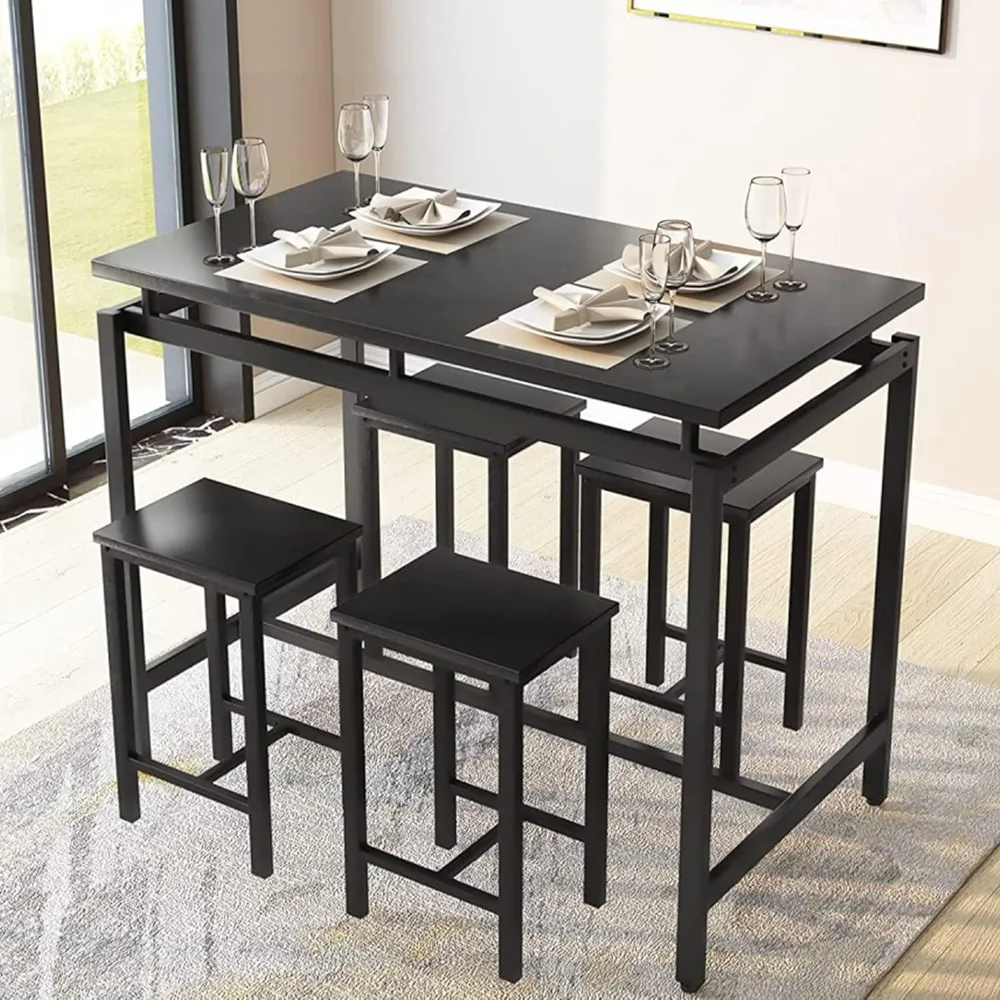 

Industrial 5-Piece Bar Table Set: Counter-Height Pub Dining Table with 4 Chairs and Adjustable Feet