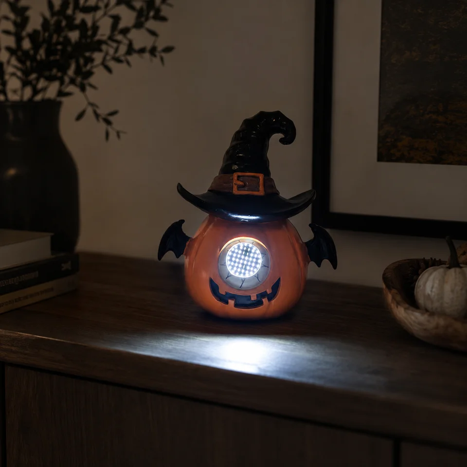 Halloween LED Lighted Pumpkin Resin Figurine, Witch Hat Bat Wings Jack‑o‑Lantern Statue, Desktop Ornament for Home Party Decor