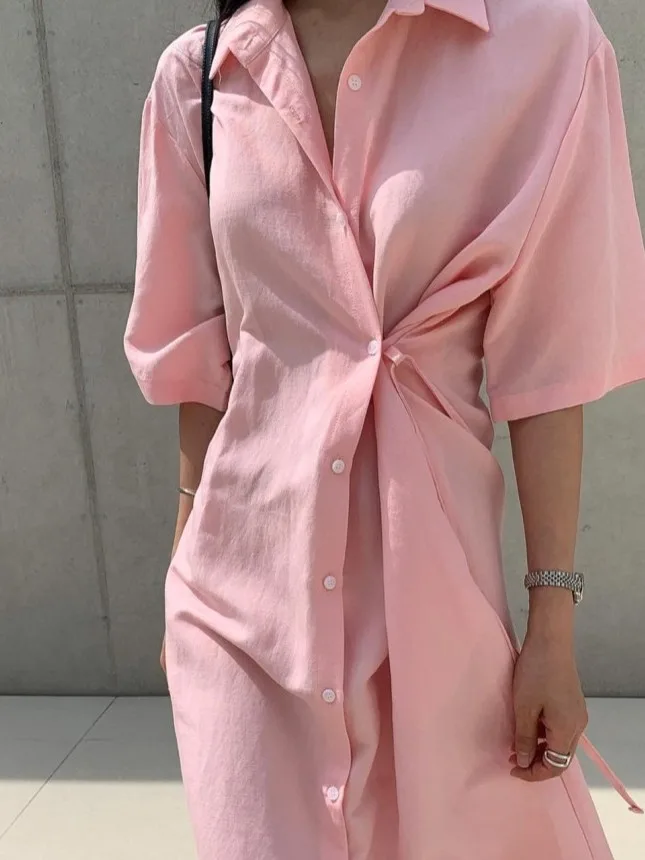 Faionable Pure Color irt Dr Dames Zomer Afslanken Zijknop Taille Cinch Ontwerp Halflange Rok Kraag Lange S...