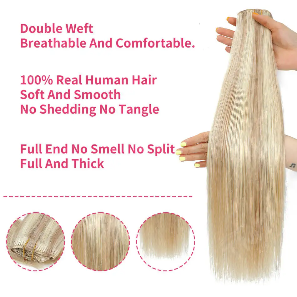 7 Pcs Full Head Clip Ins Hair Extension Human Hair Highlight #P18/60 Clip On Brazilian Straight Human Hair Extensions For Women