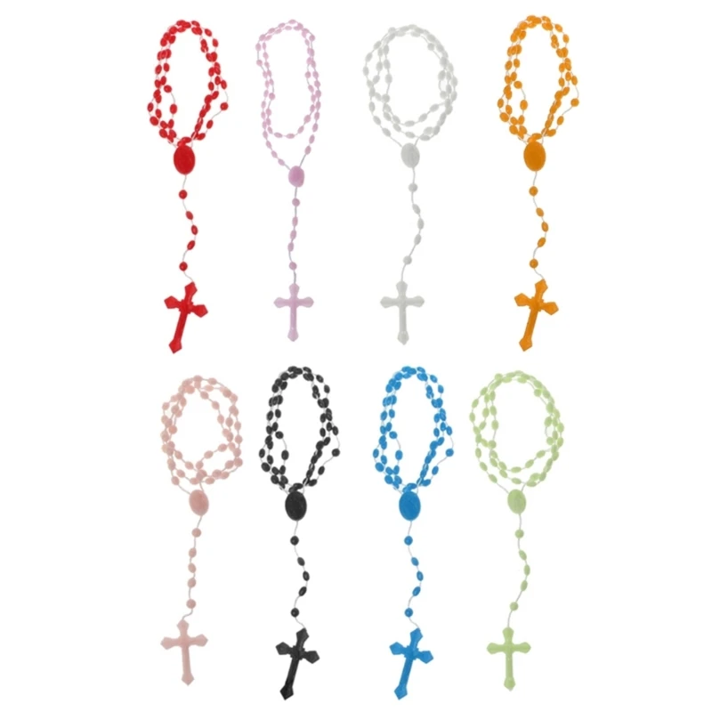 8 Colors Plastic Luminous Glow in the Dark Rosary Beads Necklace Jewelry All-match for Church Prayer Gathering