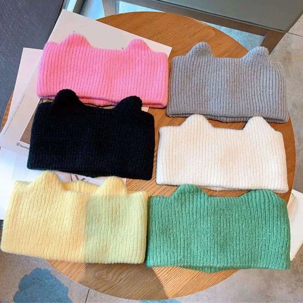 Women\'s Knitted Woolen Warm Headband Y2K Sweet Cat Ear High Elastic Headband Sports Headband Wash Face Versatile Flared Hat