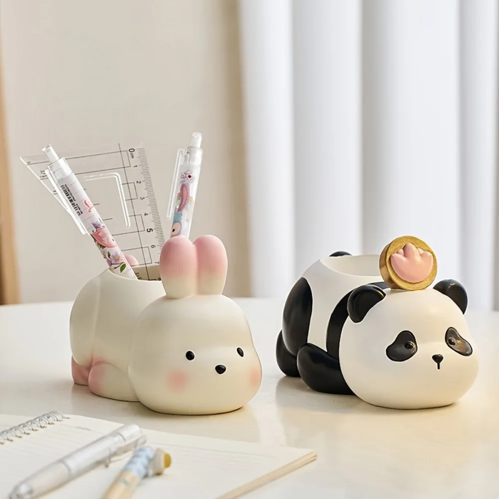 Funny Cute Animal Pen Holder Cartoon Large Capacity Resin Panda Statue Unique Desktop Rabbit Ornament Office
