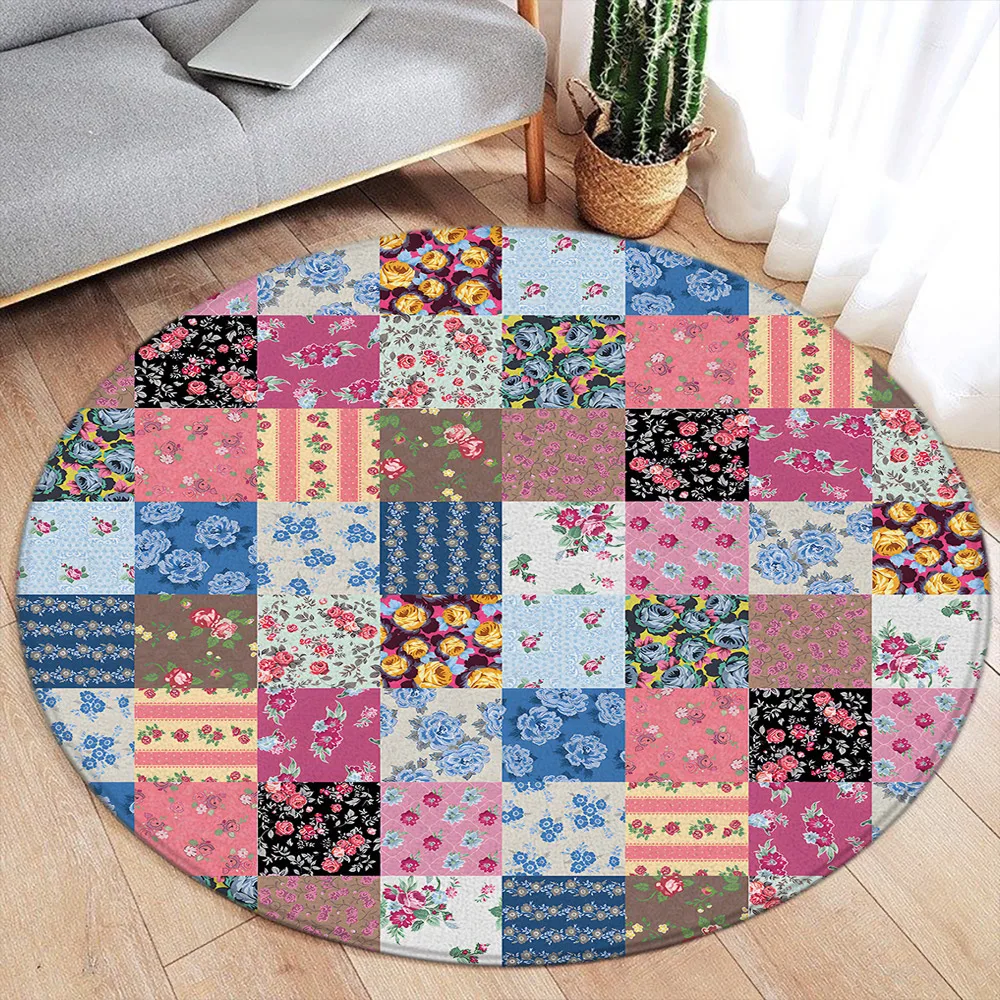 Boho Vintage Colorful Round Rug Flower Bohemian Home Carpet Patchwork Print Bedroom Living Room Sofa Floor Mat Flannel Area Mat
