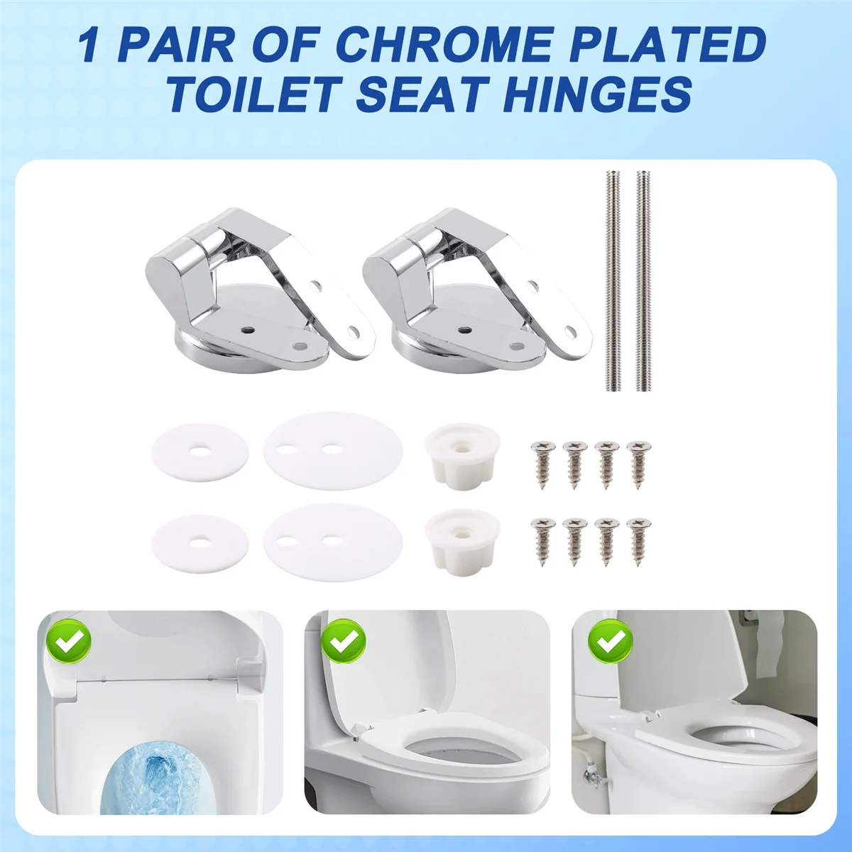 Bisagras de asiento de inodoro de repuesto de aleación BISM1, juego de montaje cromado con tornillos de accesorios para accesorios de inodoro