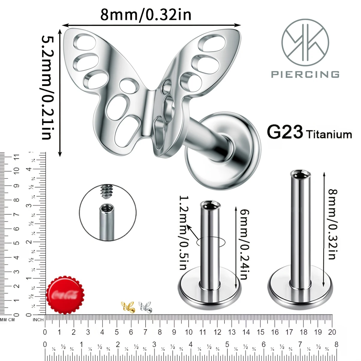 G23 Titanium Internally Threaded Cartilage Earring Hollow Butterfly-Shaped Labret Stud Hypoallergenic Tragus Piercing Jewelry