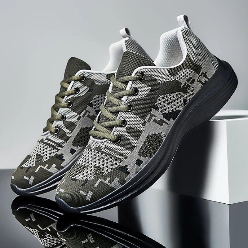 Army Green Camouflage Sneakers Men Sneakers Low Top Casual Shoes for Men Breathable EVA Sole Mesh Lace Up Plus Size 39-45