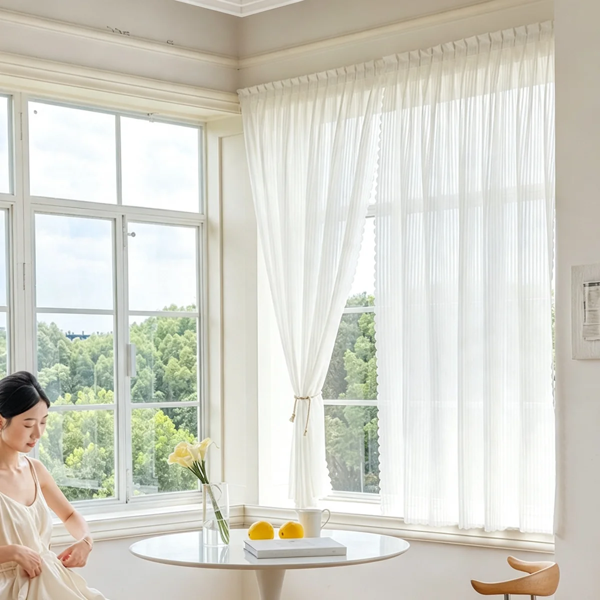2pcs Rod Pocket White Vertical Stripe Sheer Curtains, Korean Cream INS Style, Wave Trim Light Filtering Window Sheer for Bedro