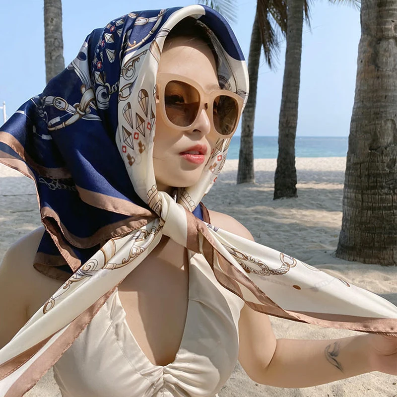 

90*90cm Silk Square Scarf Women Luxury Brand Satin Hijab Scarves Female Shawl Print Headwraps Bandana Foulard Muffler Headband