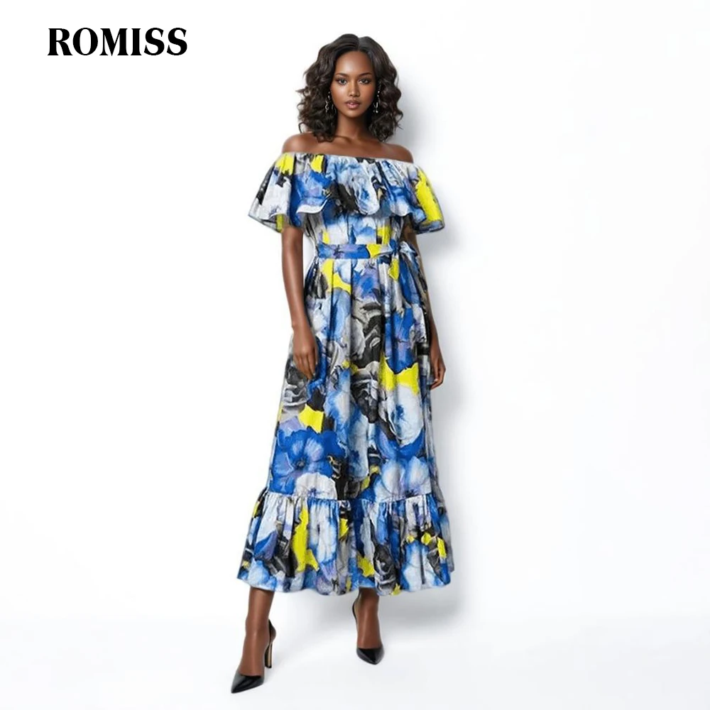 ROMISS Hit Color Printing Dresses For Women Slash Neck Sleeveless High Waist Patchwork Lace Up Elegant Dress Female Fashion