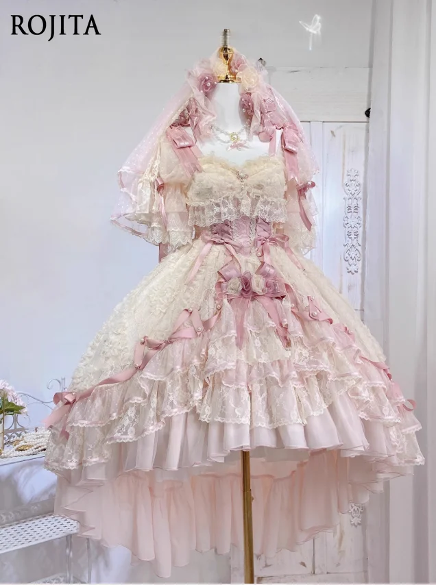 

Lolita Bridal Dress Adult Gown Short Heavy Craft Princess Dress Birthday Dress with Veil + Headband + Sleeves and Train